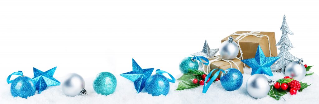 Christmas lantern with gifts, colored balls and stars on snow isolated background. Christmas background concept