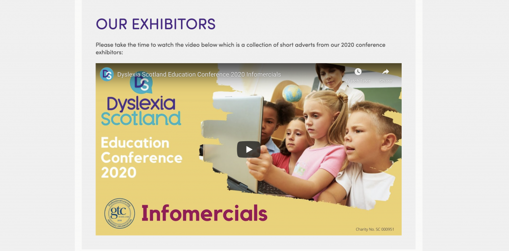 Dyslexia Scotland 2020 annual conference exhibitors section and films